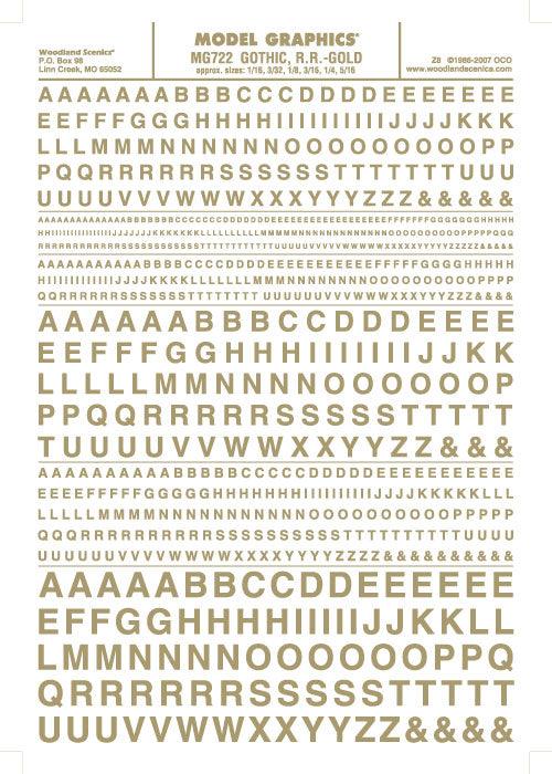 Woodland Scenics MG722 Gothic R.R. Letters Gold 1/16-5/16" Train Decal Sheet - PowerHobby
