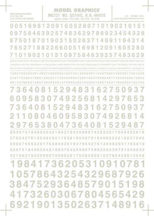 Woodland Scenics MG727 Gothic R.R. Numbers White 1/16-5/16" Train Decal Sheet - PowerHobby