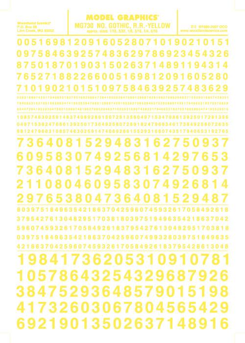 Woodland Scenics MG730 Gothic R.R. Numbers Yellow 1/16-5/16" Train Decal Sheet - PowerHobby