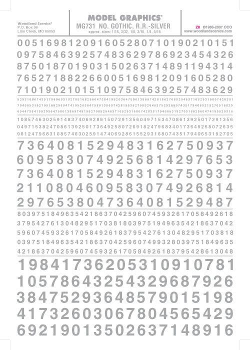 Woodland Scenics MG731 Gothic R.R. Numbers Silver 1/16-5/16"Train Decal Sheet - PowerHobby