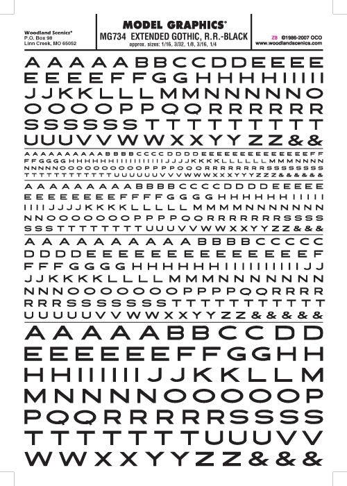 Woodland Scenics MG734 Ext Gothic RR Letters Black 1/16-1/4" Train Decal Sheet - PowerHobby