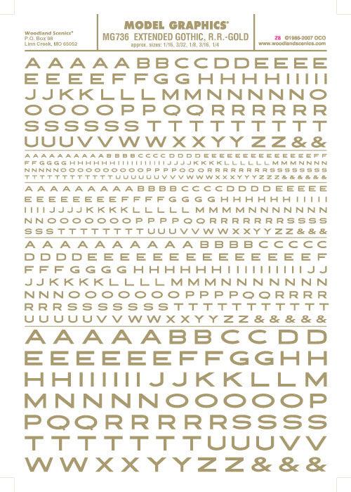 Woodland Scenics MG736 Ext Gothic RR Letters Gold 1/16-1/4" Train Decal Sheet - PowerHobby