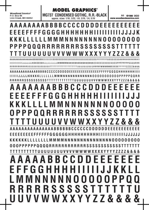 Woodland Scenics MG737 Cond Gothic RR Letters Blk 1/16-5/16" Train Decal Sheet - PowerHobby