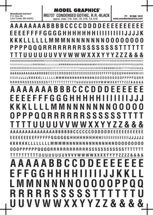 Woodland Scenics MG737 Cond Gothic RR Letters Blk 1/16-5/16" Train Decal Sheet - PowerHobby