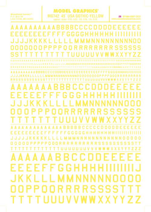 Woodland Scenics MG742 45 Deg USA Gothic Letter Yel 1/16-5/16 Train Decal Sheet - PowerHobby