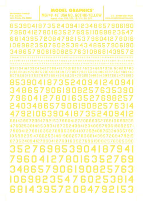 Woodland Scenics MG749 45 Deg USA Gothic Num Yel 1/16-5/16 Train Decal Sheet - PowerHobby