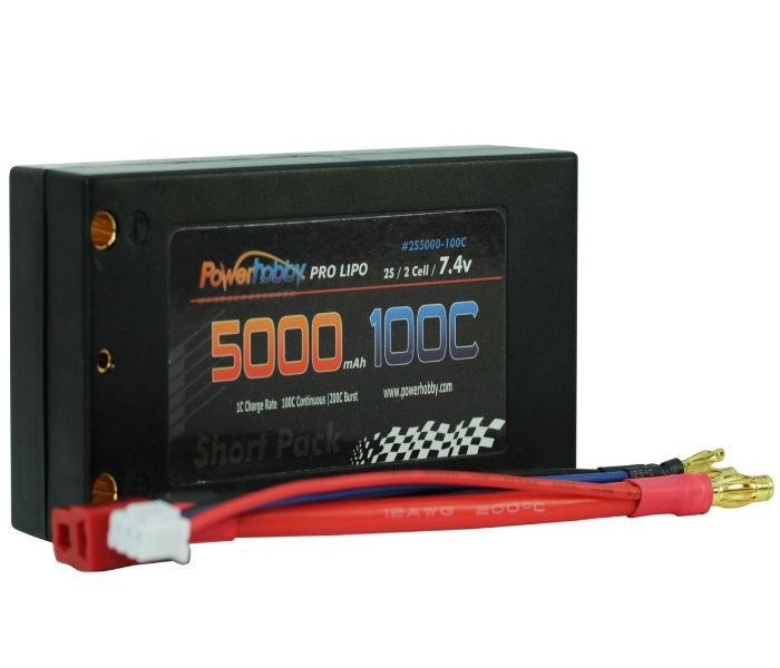 PowerHobby 2S 7.4V 5000mAh 100C Shorty Lipo Battery w 4mm Bullet Connectors - PowerHobby