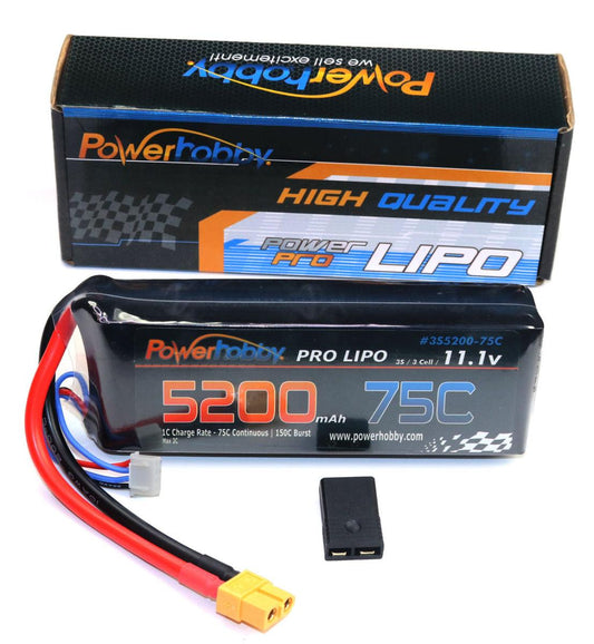 Powerhobby 3s 11.1v 5200mah 75c Lipo Battery w XT60 Plug + Adapter - PowerHobby