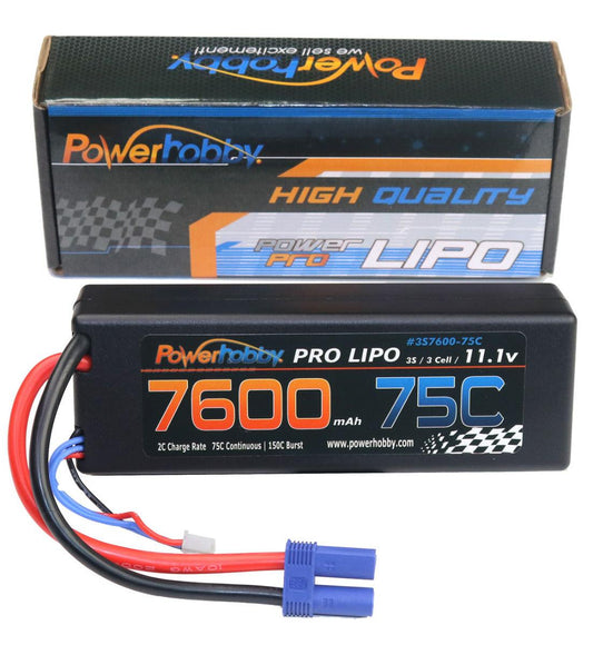 Powerhobby 3s 11.1v 7600mah 75c Lipo Battery w EC5 Plug Hard Case - PowerHobby