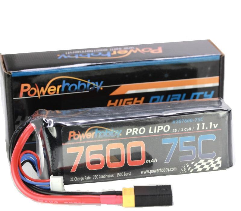 Powerhobby 3s 11.1v 7600mah 75c Lipo Battery w XT60 Plug + Adapter - PowerHobby