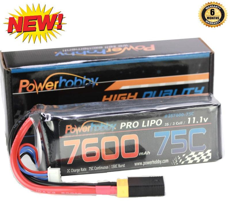 Powerhobby 3s 11.1v 7600mah 75c Lipo Battery w XT60 Plug + Adapter - PowerHobby