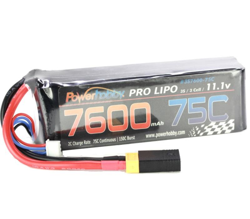 Powerhobby 3s 11.1v 7600mah 75c Lipo Battery w XT60 Plug + Adapter - PowerHobby