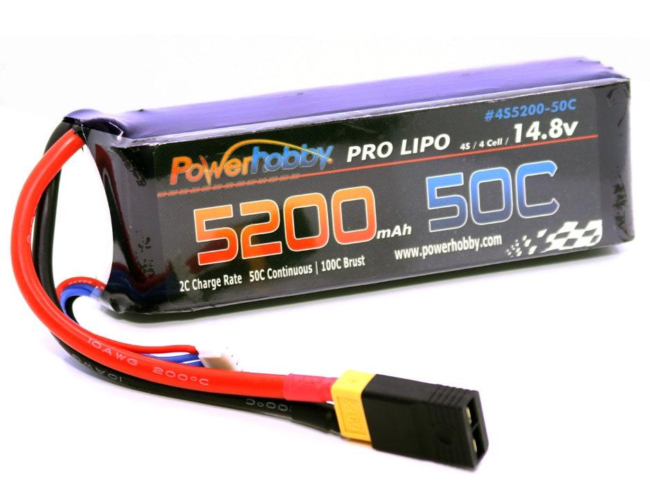 Powerhobby 4s 14.8v 5200mah 50c Lipo Battery w XT60 Plug + Adapter - PowerHobby