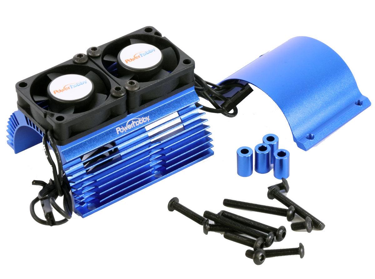 Powerhobby BLUE 1/8 Aluminum Motor Heat Sink W/ Dual Cooling Fans - PowerHobby