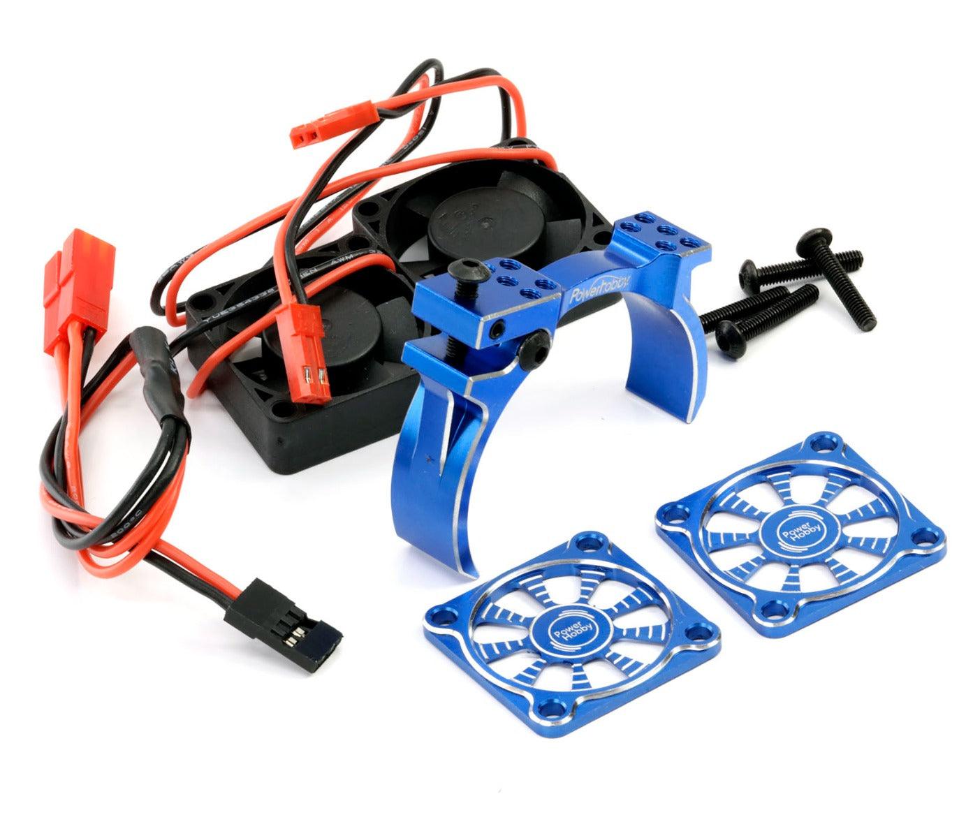 Powerhobby 1/10 Car Aluminum Heatsink 30mm Twin Turbo Cooling Fans Mount BLUE - PowerHobby