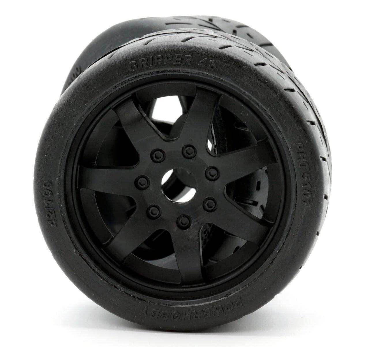 thumbnail interactive-video image 1 of Powerhobby 1/8 Gripper 42/100 Belted Mounted Tires - 17mm Black Wheels (PHT5101) 1 of 5