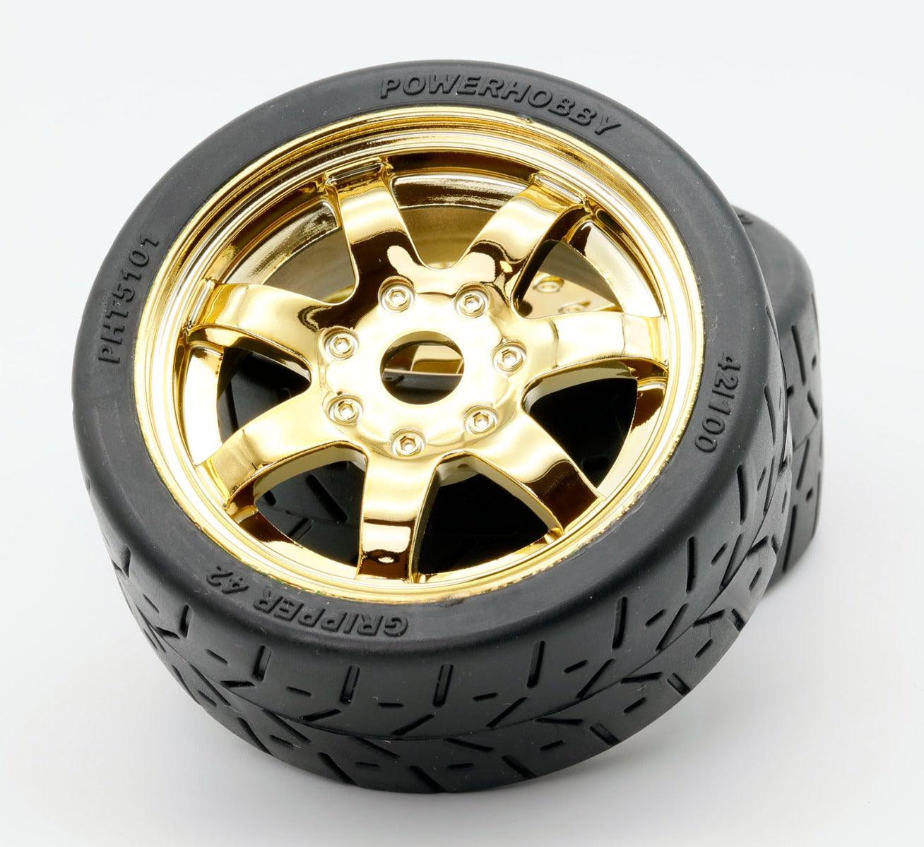 Powerhobby 1/8 Gripper 42/100 Belted Mounted Tires 17mm Gold Wheels - PowerHobby