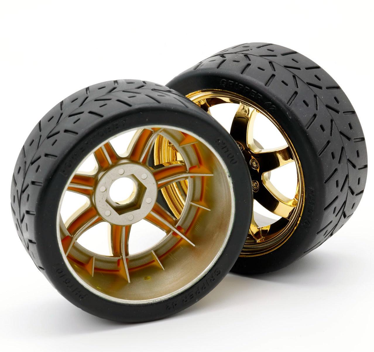 Powerhobby 1/8 Gripper 42/100 Belted Mounted Tires 17mm Gold Wheels - PowerHobby