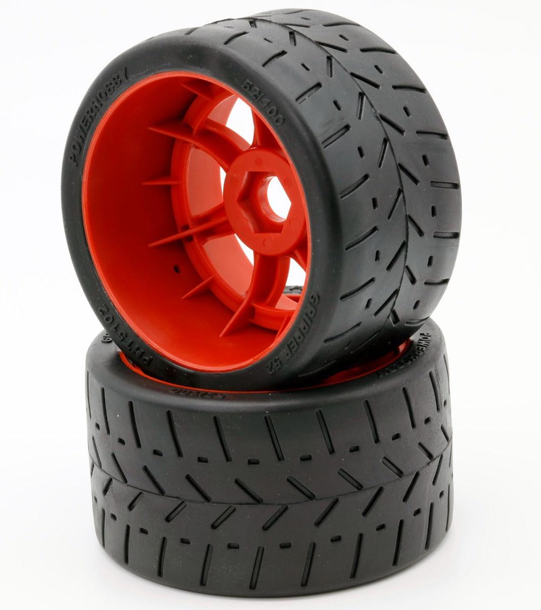 Powerhobby 1/8 Gripper 54/100 Belted Mounted Tires 17mm Red Wheels - PowerHobby