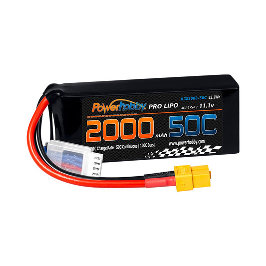 Powerhobby 3S 11.1V 2000mAh 50C Lipo Battery W xT60 Plug + Adapter - PowerHobby