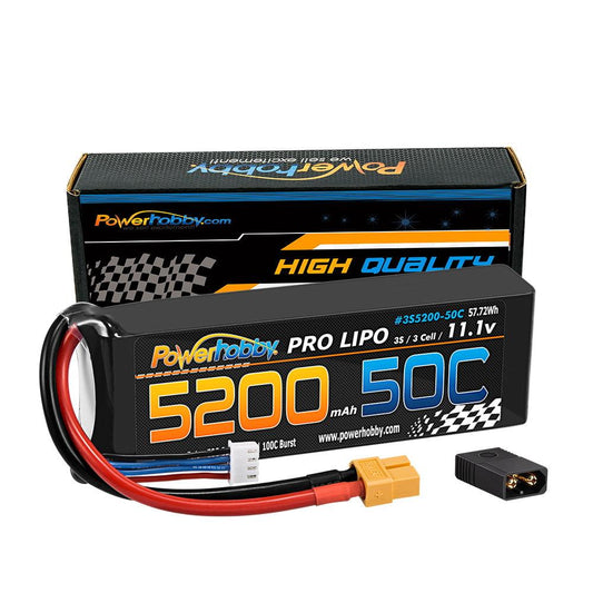 Powerhobby 3s 11.1v 5200mah 50c Lipo Battery w XT60 Plug + Adapter - PowerHobby