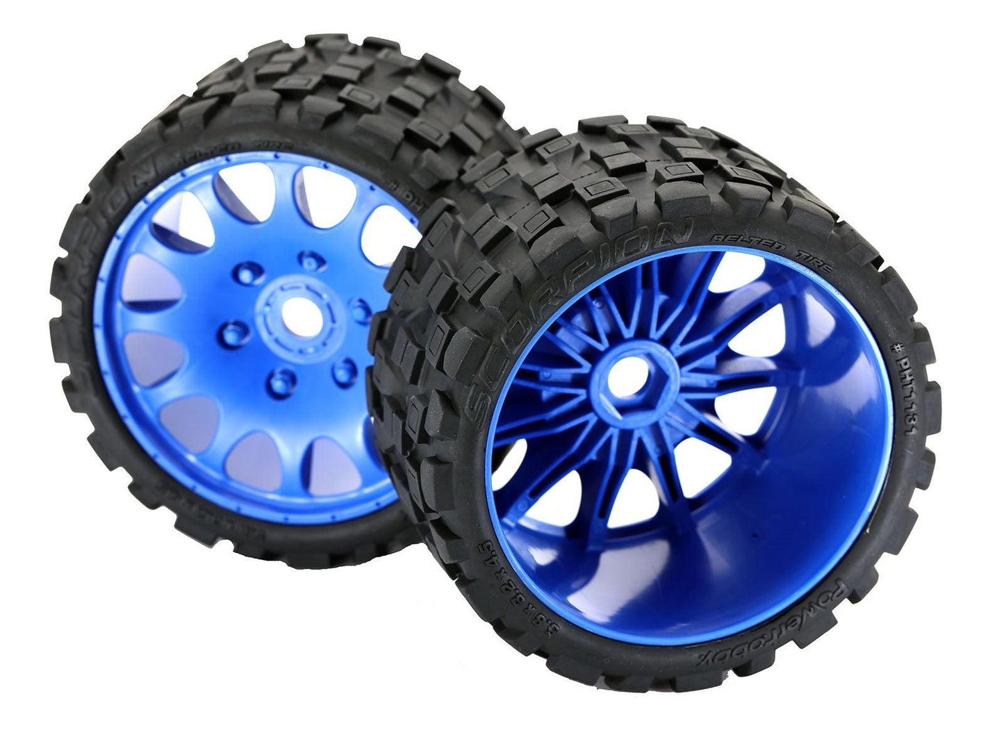 Powerhobby Scorpion Belted Monster Truck Tires / Wheels w 17mm Hex (2) BLUE - PowerHobby