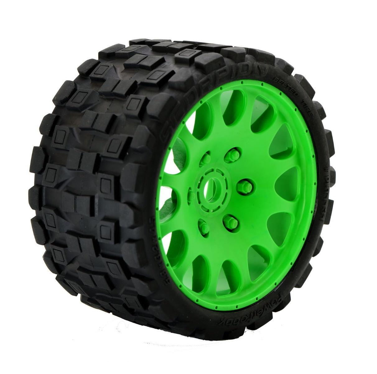 Powerhobby Scorpion Belted Monster Truck Tires / Wheels w 17mm Hex (2) GREEN - PowerHobby