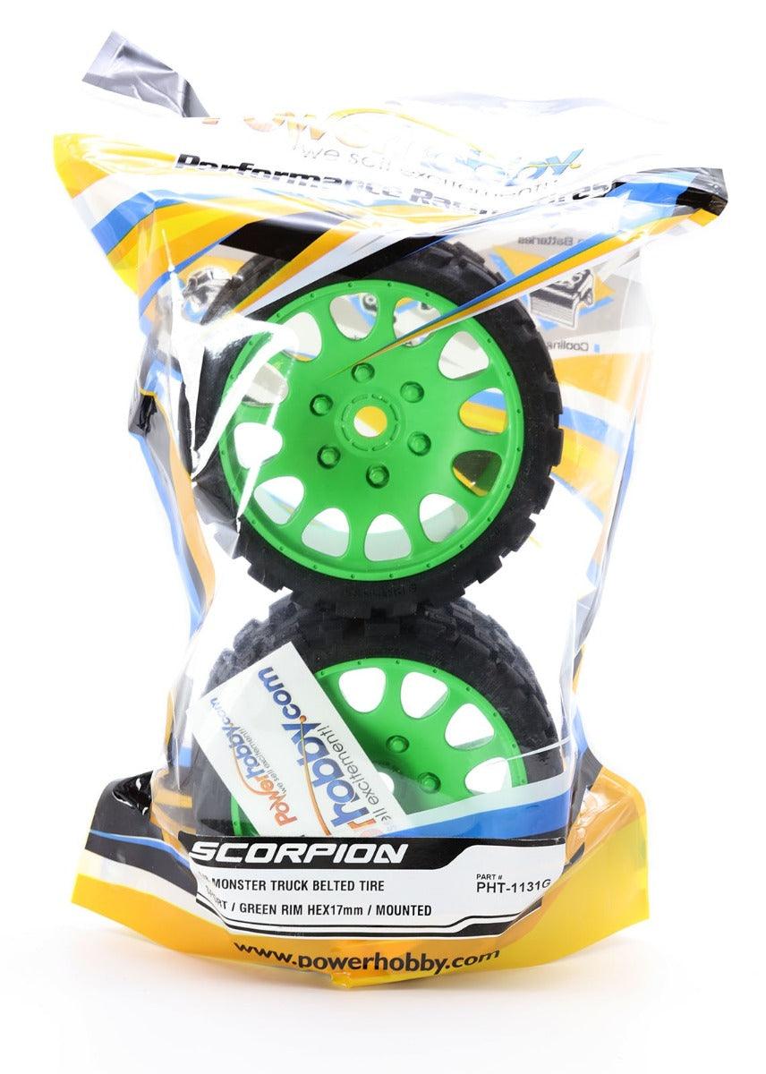 Powerhobby Scorpion Belted Monster Truck Tires / Wheels w 17mm Hex (2) GREEN - PowerHobby