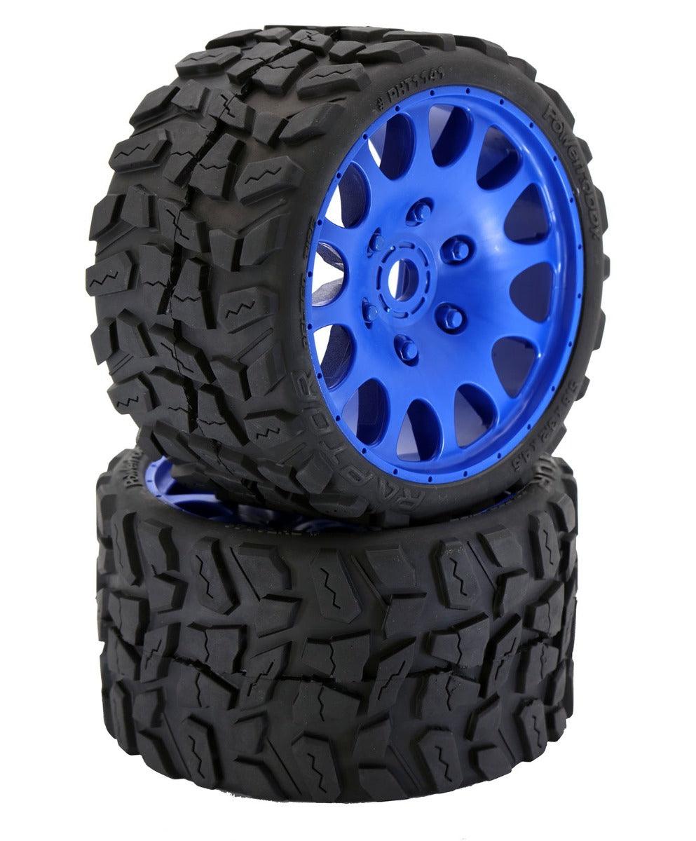 Powerhobby Raptor Belted Monster Truck Tires / Wheels w 17mm Hex (2) Sport BLUE - PowerHobby