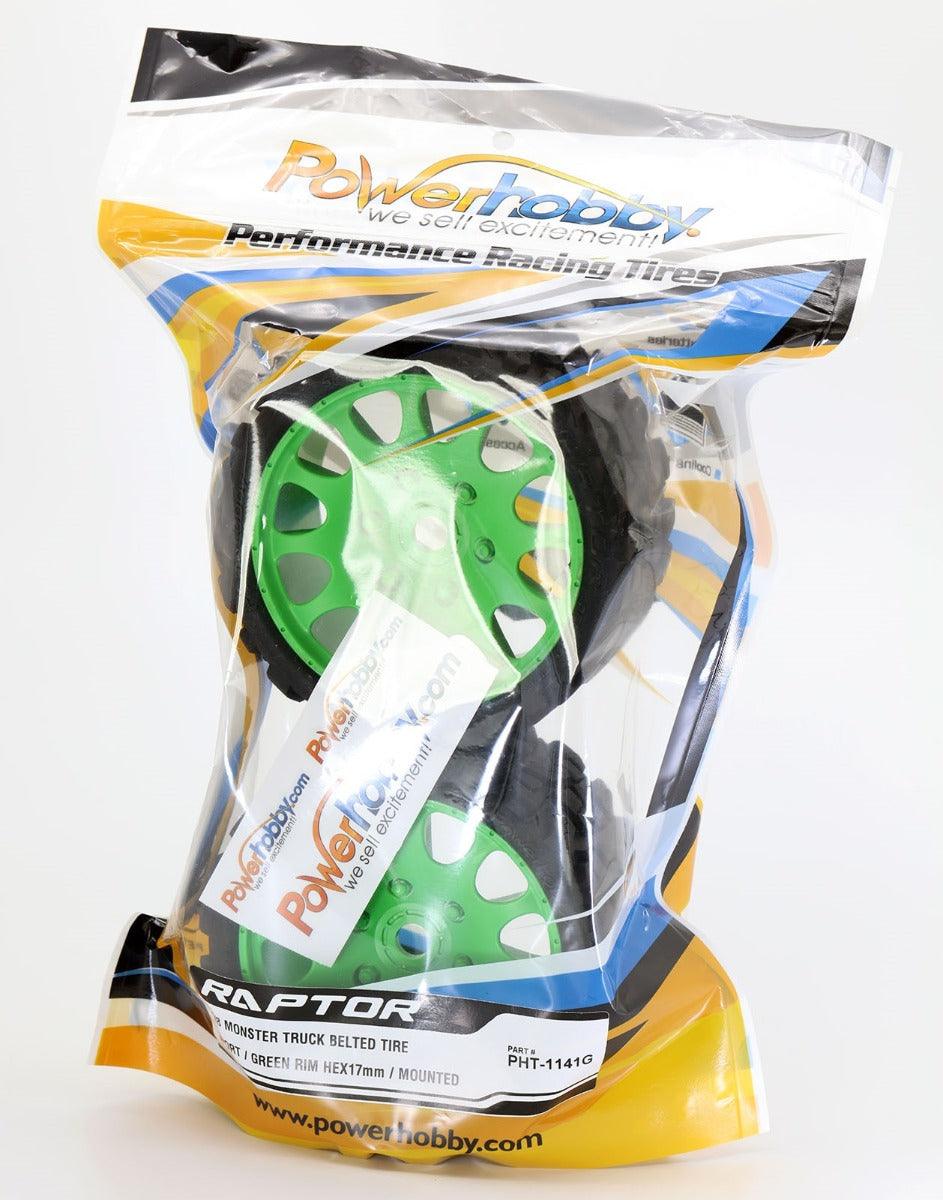 Powerhobby Raptor Belted Monster Truck Tires / Wheels w 17mm Hex (2) Sport GREEN - PowerHobby