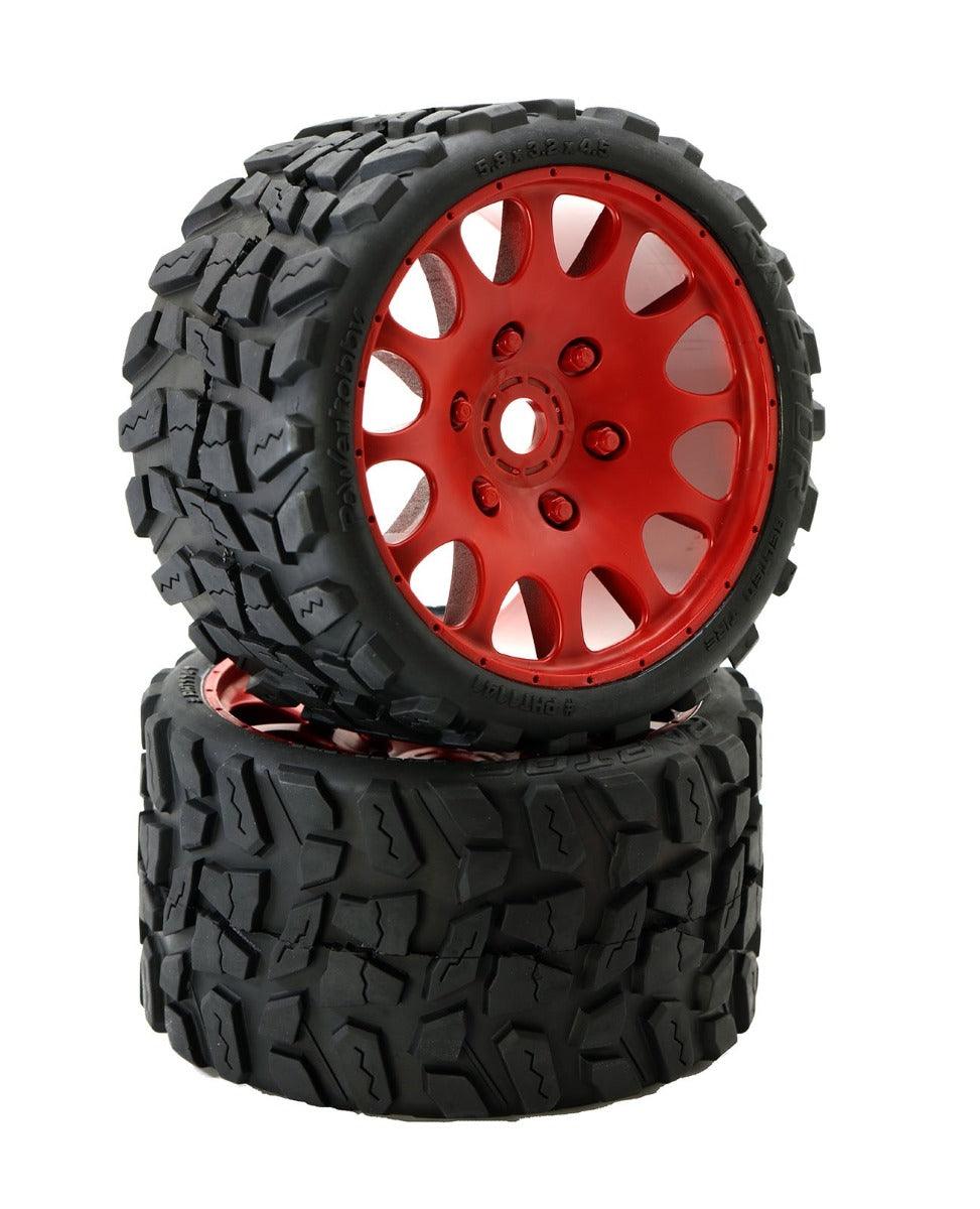 Powerhobby Raptor Belted Monster Truck Tires / Wheels w 17mm Hex (2) Sport RED - PowerHobby