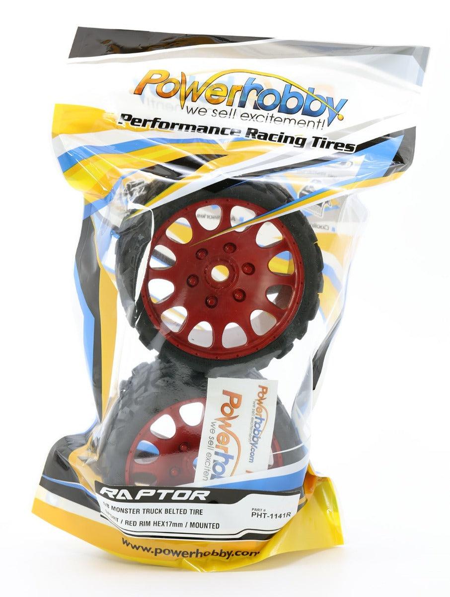 Powerhobby Raptor Belted Monster Truck Tires / Wheels w 17mm Hex (2) Sport RED - PowerHobby