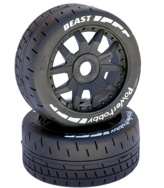 Powerhobby 1/8 GT Beast Belted Mounted Tires 17mm Medium Black Wheels - PowerHobby