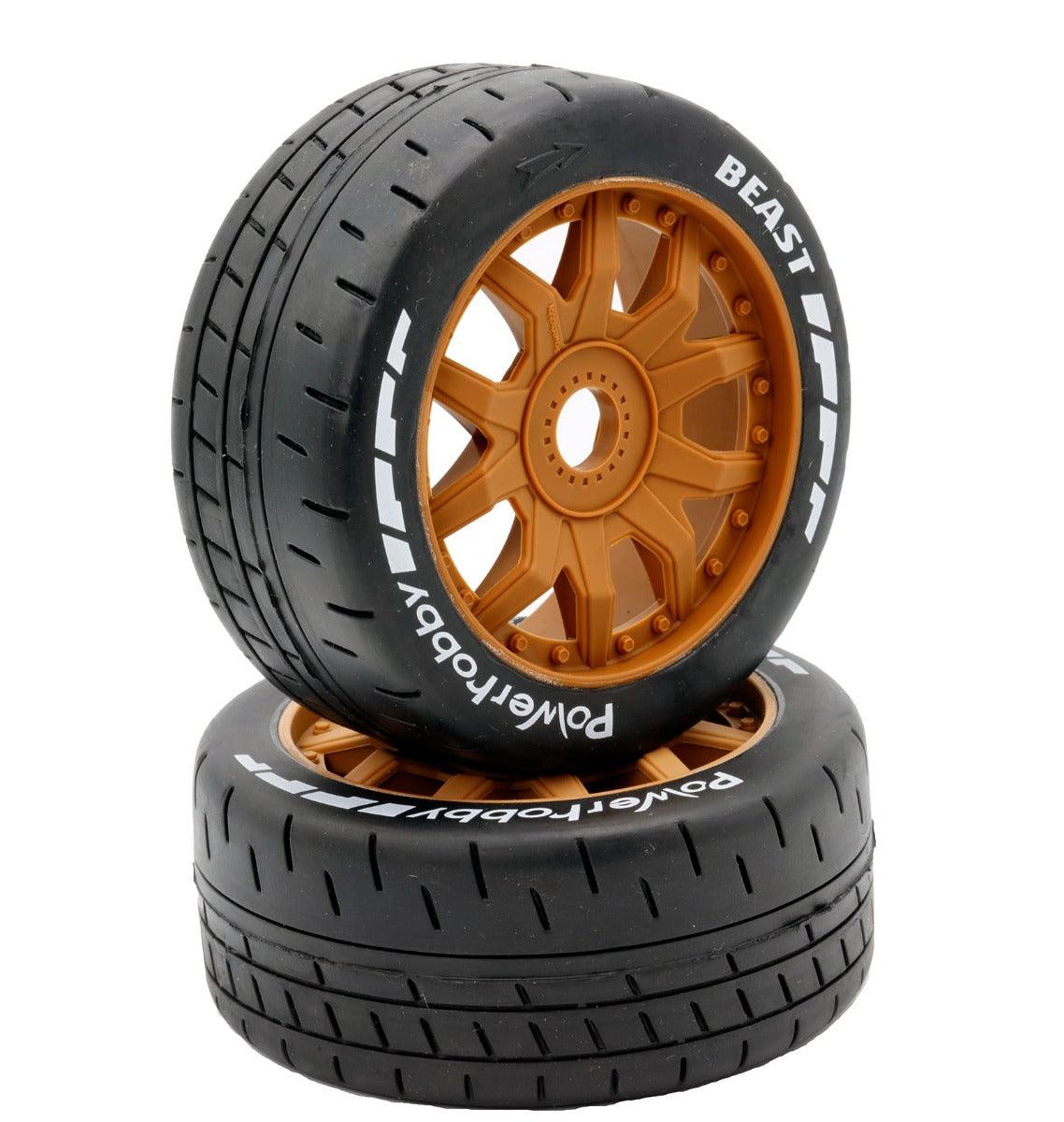 Powerhobby 1/8 GT Beast Belted Mounted Tires 17mm Medium Brown Wheels - PowerHobby