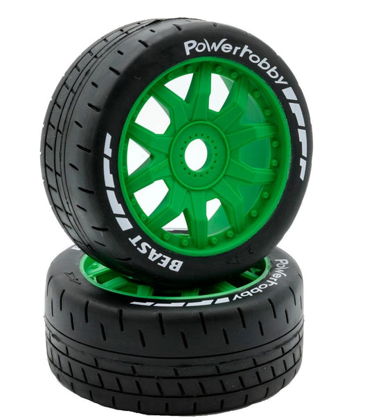 Powerhobby 1/8 GT Beast Belted Mounted Tires 17mm Medium Green Wheels - PowerHobby