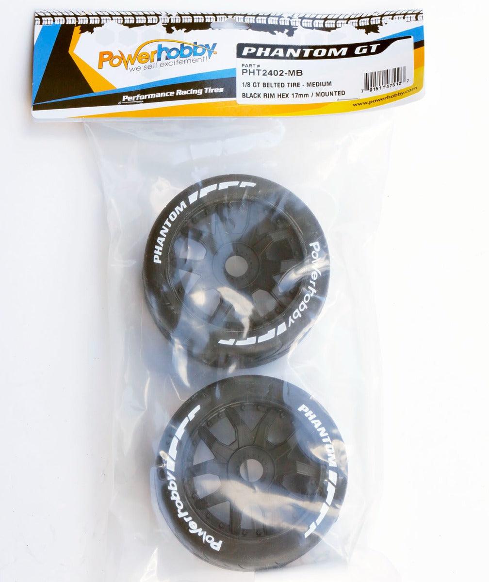 Powerhobby 1/8 GT Phantom Belted Mounted Tires 17mm Medium Black Wheels - PowerHobby