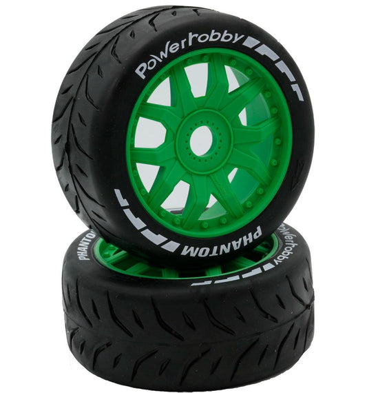 Powerhobby 1/8 GT Phantom Belted Mounted Tires 17mm Soft Green Wheels - PowerHobby