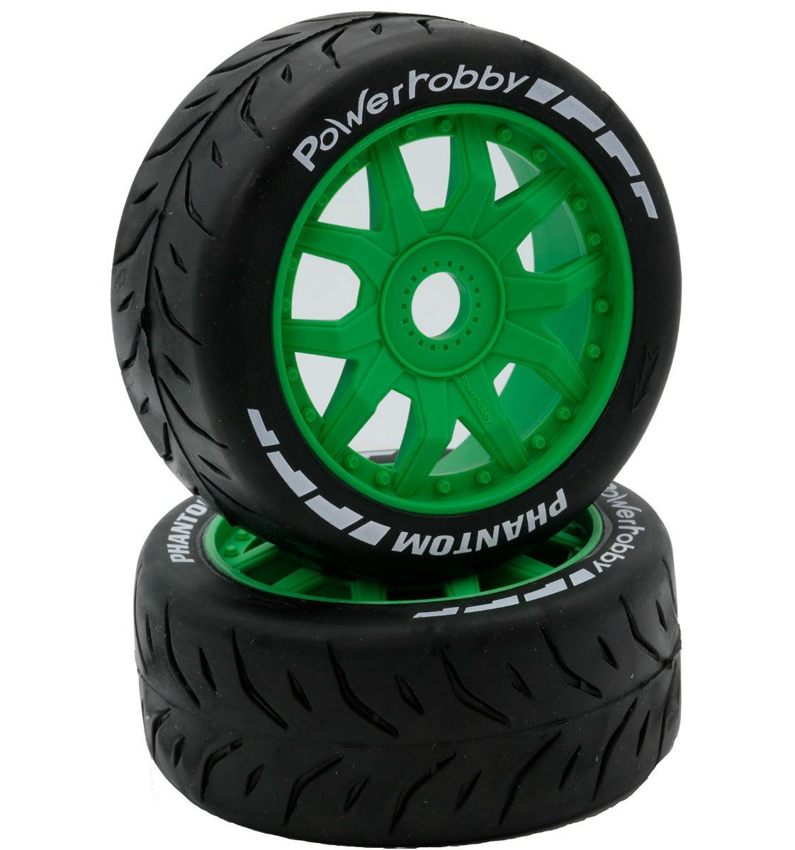 Powerhobby 1/8 GT Phantom Belted Mounted Tires 17mm Medium Green Wheels - PowerHobby