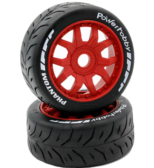 Powerhobby 1/8 GT Phantom Belted Mounted Tires 17mm Soft Red Wheels - PowerHobby