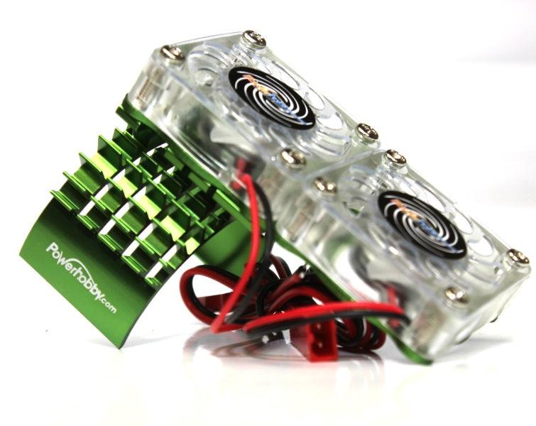 Powerhobby Aluminum Motor Heatsink Twin Dual Cooling Fan GREEN FOR Traxxas Slash 4x4 - PowerHobby