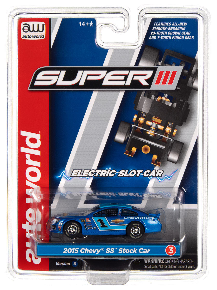 Auto World Super III 2015 Chevy SS Stock Blue Nascar HO Scale Slot Car SC383 - PowerHobby