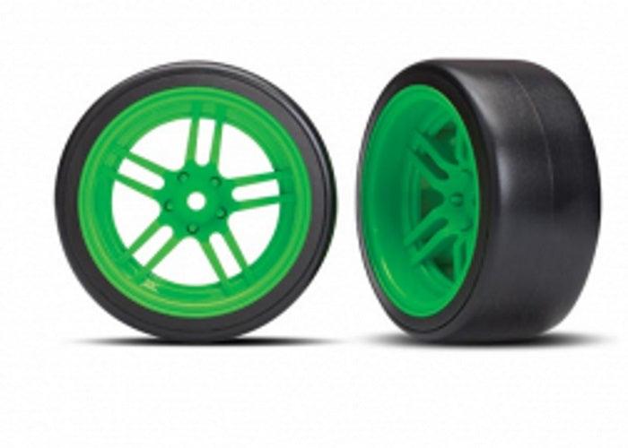 Traxxas Tire & Wheel Glued (Split-Spoke Green Wheels, 1.9" Drift Tires) Rear - PowerHobby